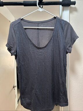 LOFT Black Short Sleeve Scoop Neck Tee with Sequined Front